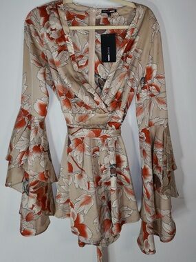 Fashion Nova Beige and Orange Floral Wrap Romper with Bell Sleeves